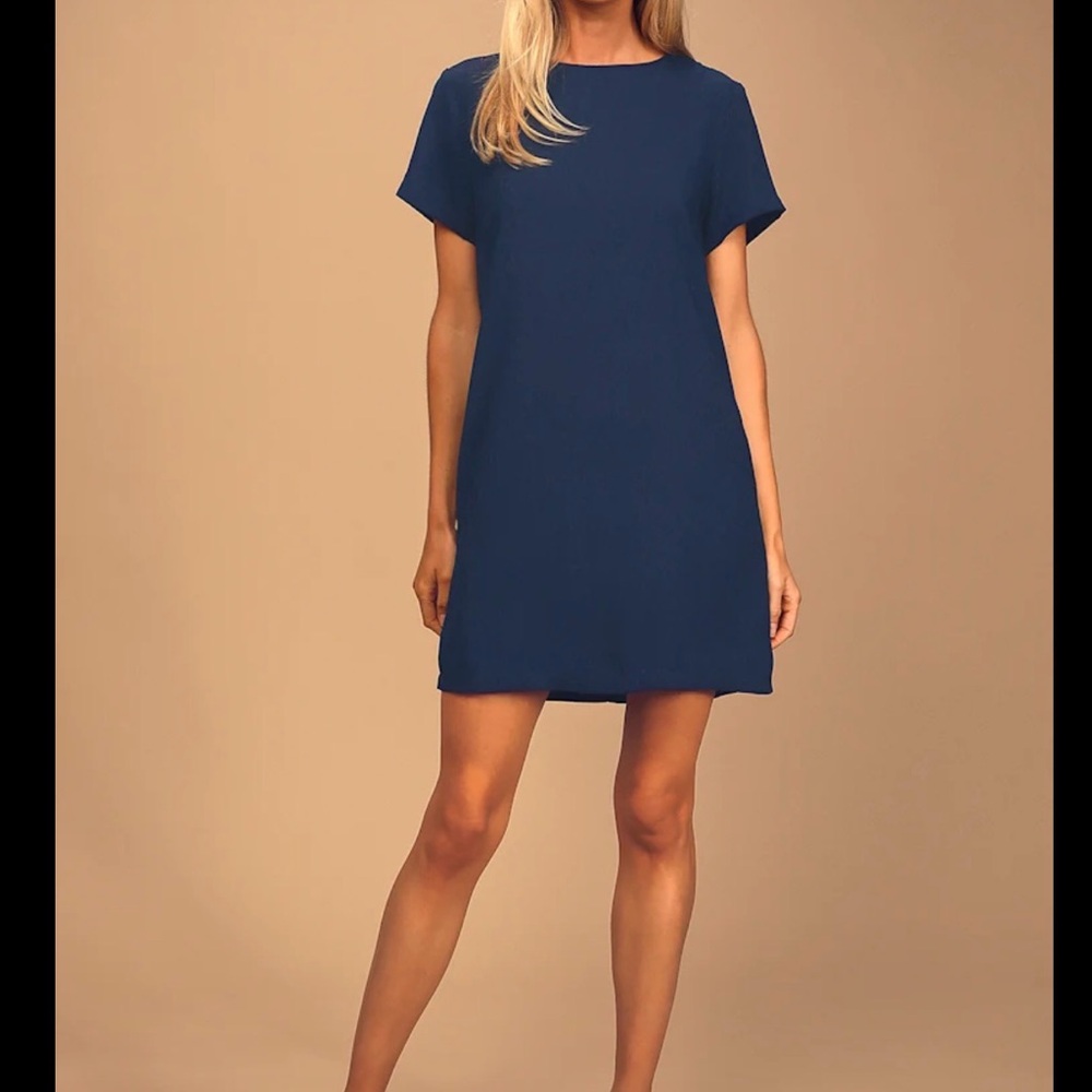 LULUS Shift and Shout Solid Navy Blue Short Sleeve Shift Dress
